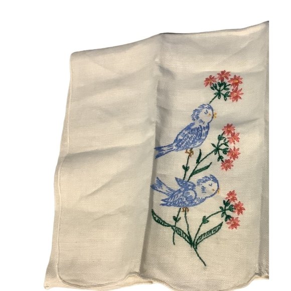 Vintage Linen Napkin Cross Stitch Embroidered Cream Floral Blue Jays 18" x 12" - Picture 5 of 9
